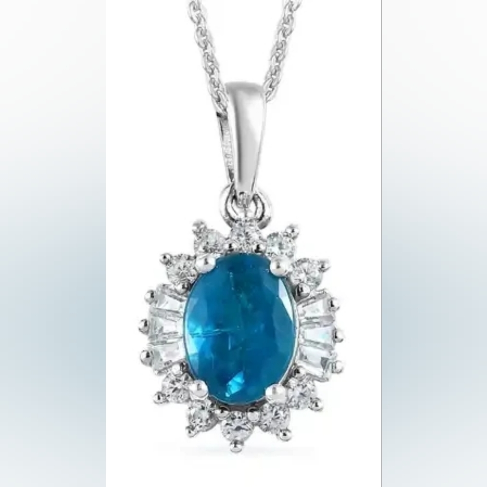 Neon Apatite White Zircon Halo Pendant Necklace in Platinum Over Sterling Silver